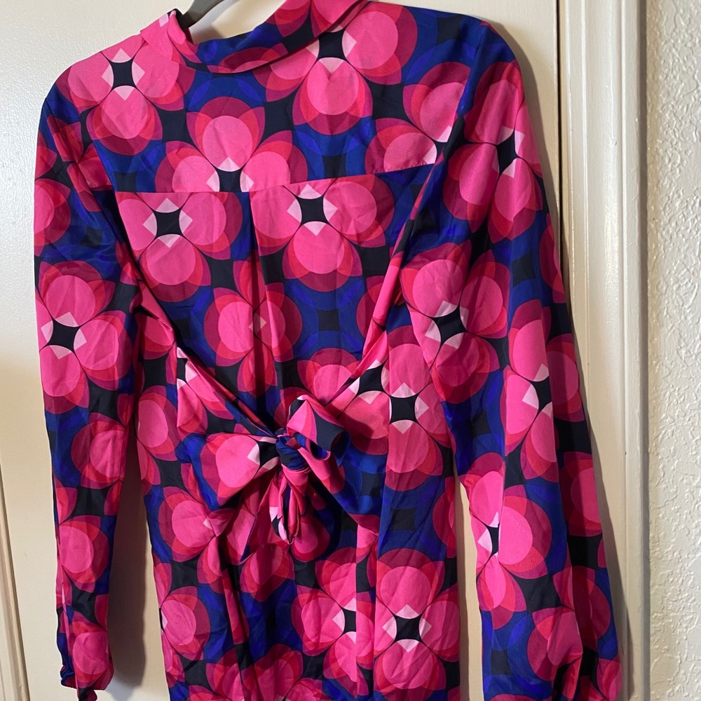 Trina Turk‎ Twist Front Medium Pink Blue Floral Print Long Sleeve Shirt Dress - Picture 6 of 7